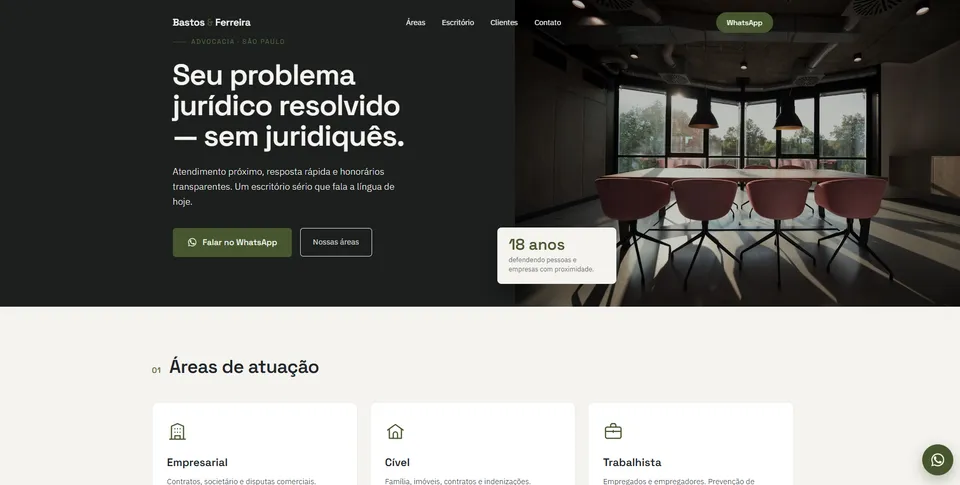 Landing page da Bastos & Ferreira Advocacia, com o título "Seu problema jurídico resolvido — sem juridiquês" e botões de WhatsApp em destaque sobre foto do escritório.