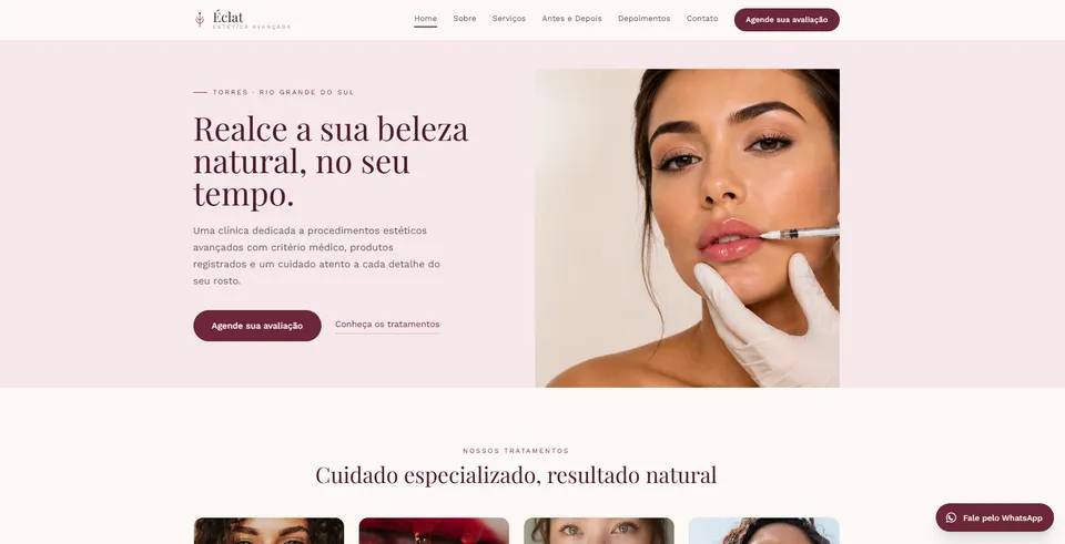 Site da Éclat Estética Avançada, com o título "Realce a sua beleza natural, no seu tempo" e foto de procedimento estético em destaque.