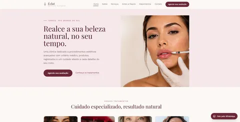 Site da Éclat Estética Avançada, com o título "Realce a sua beleza natural, no seu tempo" e foto de procedimento estético em destaque.