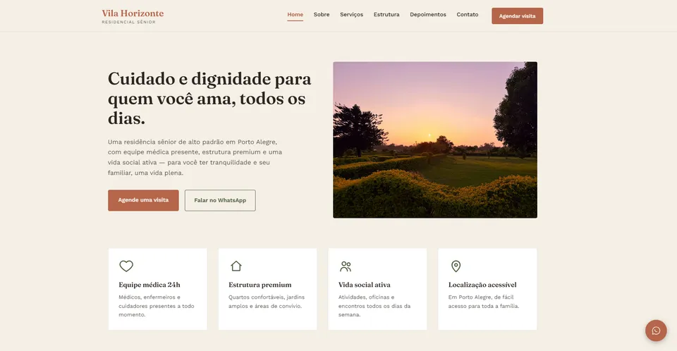 Site institucional da Vila Horizonte, com o título "Cuidado e dignidade para quem você ama, todos os dias" sobre foto de pôr do sol no jardim do residencial.